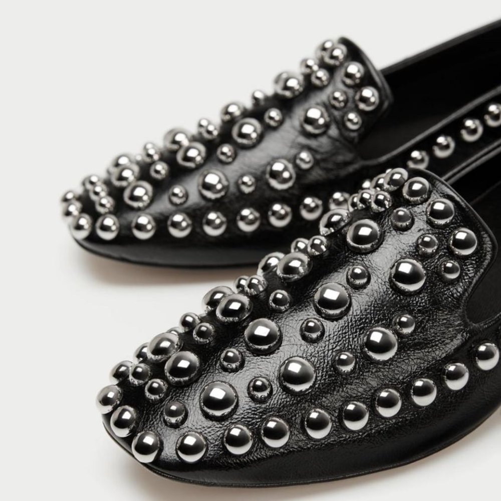 Zara Leather Metal Stud Square Toe Loafer